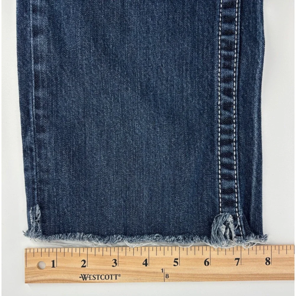 True Religion Slim Fit Straight Leg Jeans Men's 32x27 Blue Flap Pockets Raw Hem
